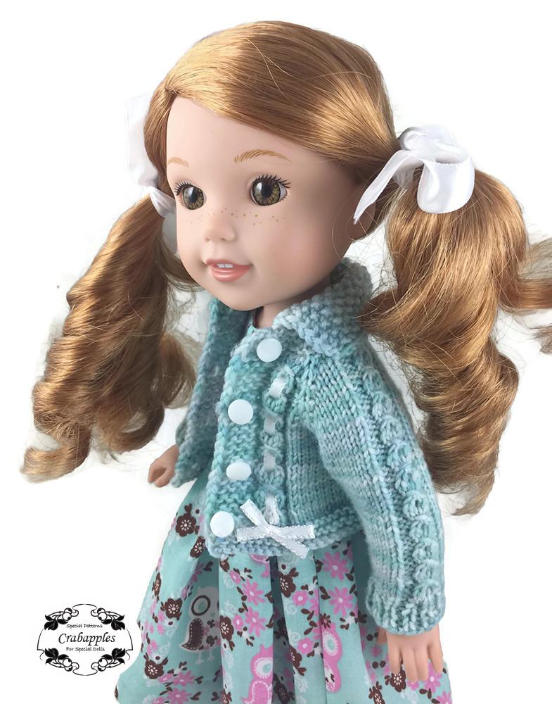 Crabapples WellieWishers Eyelet Cable Cardigan 14.5 Inch Doll Clothes Knitting Pattern Pixie Faire