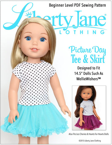 Liberty Jane WellieWishers Picture Day Tee and Skirt 14.5 Inch Doll Clothes Pattern Pixie Faire