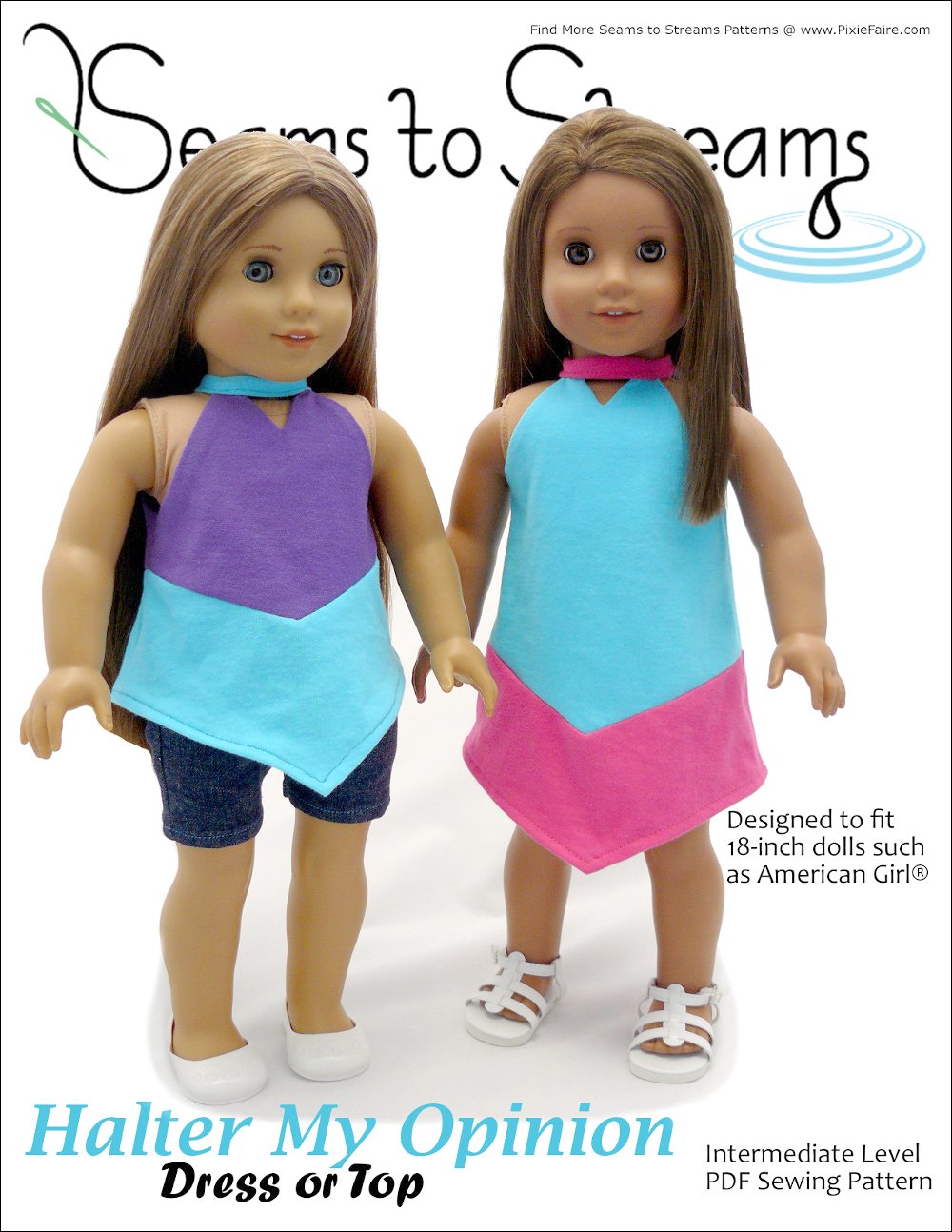 Seams to Streams 18 Inch Modern Halter My Opinion Dress or Top 18" Doll Clothes Pattern Pixie Faire