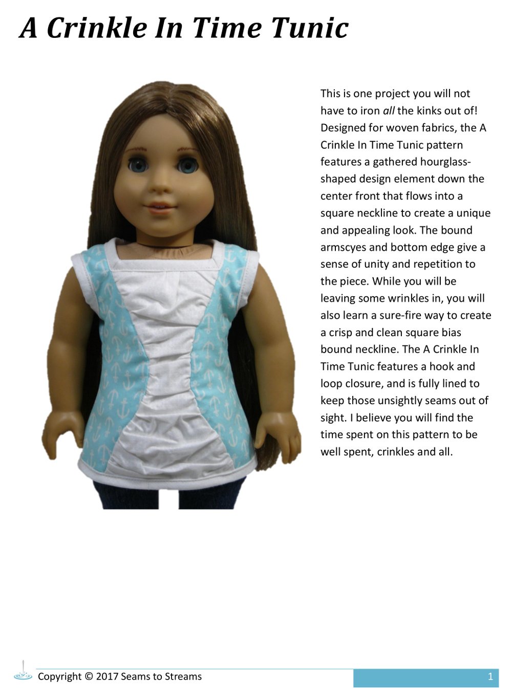 Seams to Streams 18 Inch Modern A Crinkle In Time Tunic 18" Doll Clothes Pattern Pixie Faire