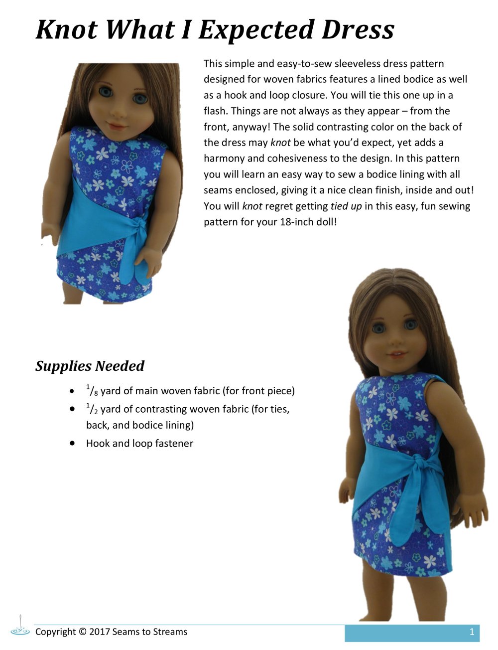 Seams to Streams 18 Inch Modern Knot What I Expected Dress 18" Doll Clothes Pattern Pixie Faire