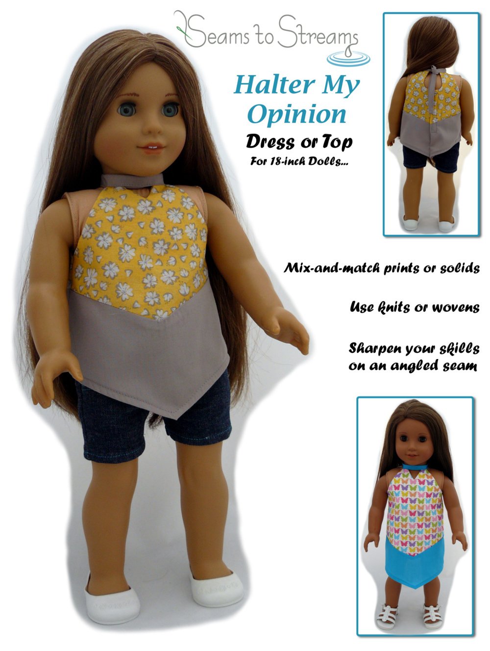 Seams to Streams 18 Inch Modern Halter My Opinion Dress or Top 18" Doll Clothes Pattern Pixie Faire