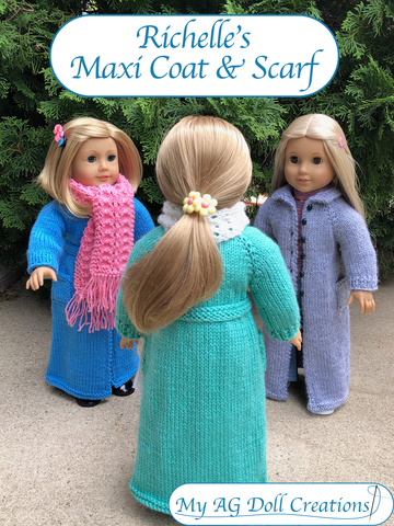 My AG Doll Creations Knitting Richelle's Maxi Coat & Scarf 18" Doll Knitting Pattern Pixie Faire