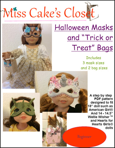 Miss Cake's Closet 18 Inch Modern Halloween Masks and Trick or Treat Bags 14-18" Doll Accessory Pattern Pixie Faire