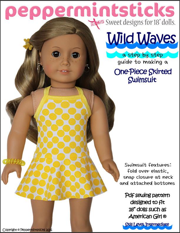Peppermintsticks 18 Inch Modern Wild Waves One-Piece Skirted Swimsuit 18" Doll Clothes Pixie Faire