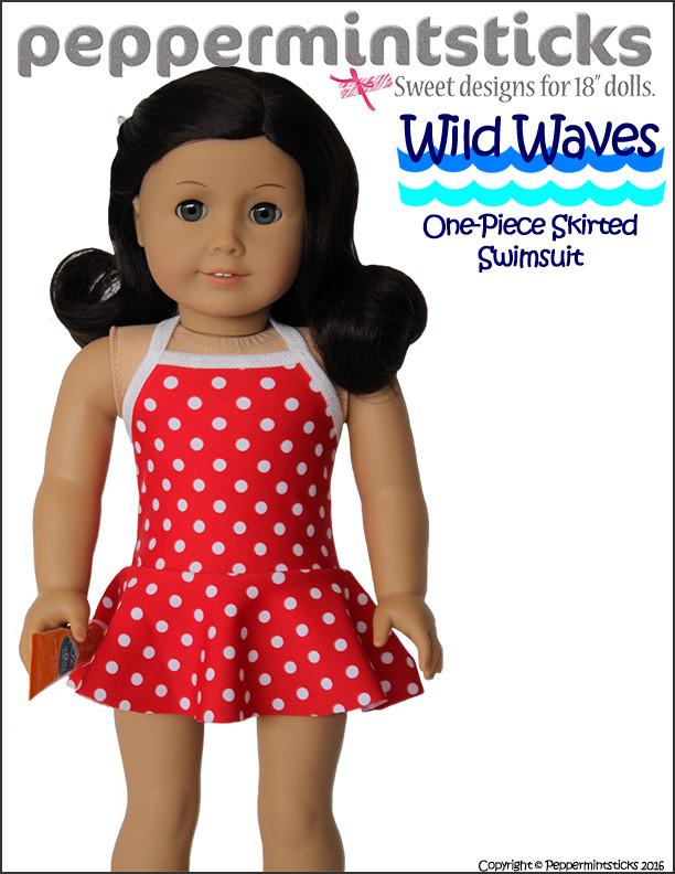 Peppermintsticks 18 Inch Modern Wild Waves One-Piece Skirted Swimsuit 18" Doll Clothes Pixie Faire