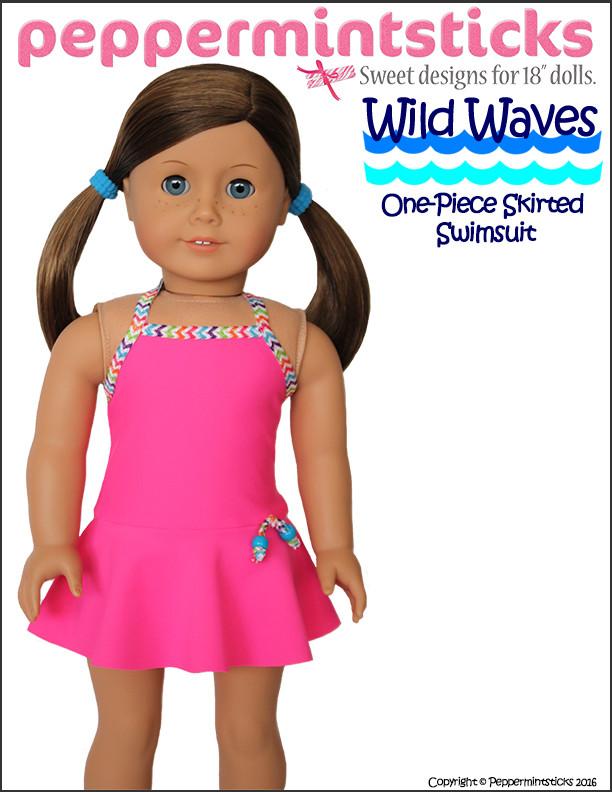 Peppermintsticks 18 Inch Modern Wild Waves One-Piece Skirted Swimsuit 18" Doll Clothes Pixie Faire