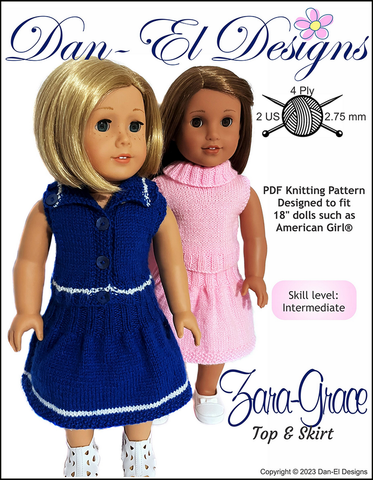 Dan-El Designs Knitting Zara Grace Top and Skirt Knitted Outfit 18 inch Doll Knitting Pattern Pixie Faire