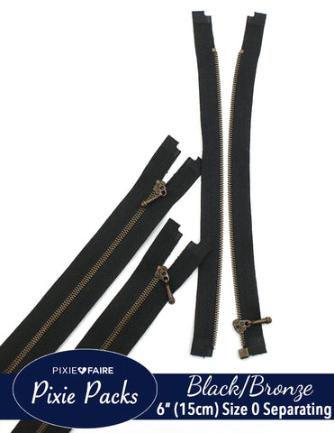 Pixie Faire Pixie Packs Pixie Packs 6" (15cm) Separating Zippers Black Bronze - Size 0 Pixie Faire