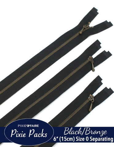 Pixie Faire Pixie Packs Pixie Packs 6" (15cm) Separating Zippers Black Bronze - Size 0 Pixie Faire