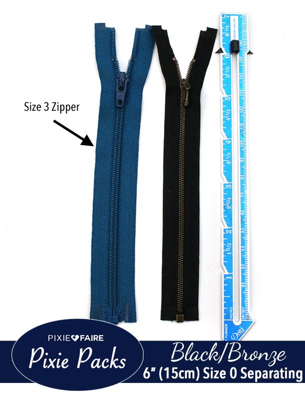 Pixie Packs 6 (15cm) Separating Zippers Black Bronze - Size 0