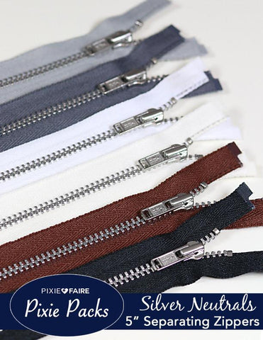 Pixie Faire Pixie Packs Pixie Packs 5" Separating Zippers - Silver Neutrals Pixie Faire