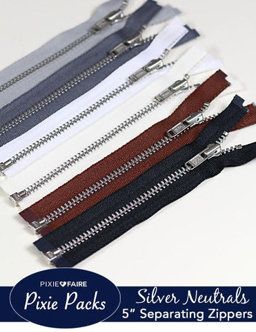 Pixie Faire Pixie Packs Pixie Packs 5" Separating Zippers - Silver Neutrals Pixie Faire