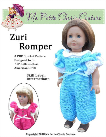 Mon Petite Cherie Couture Crochet Zuri Romper 18" Doll Crochet Pattern Pixie Faire