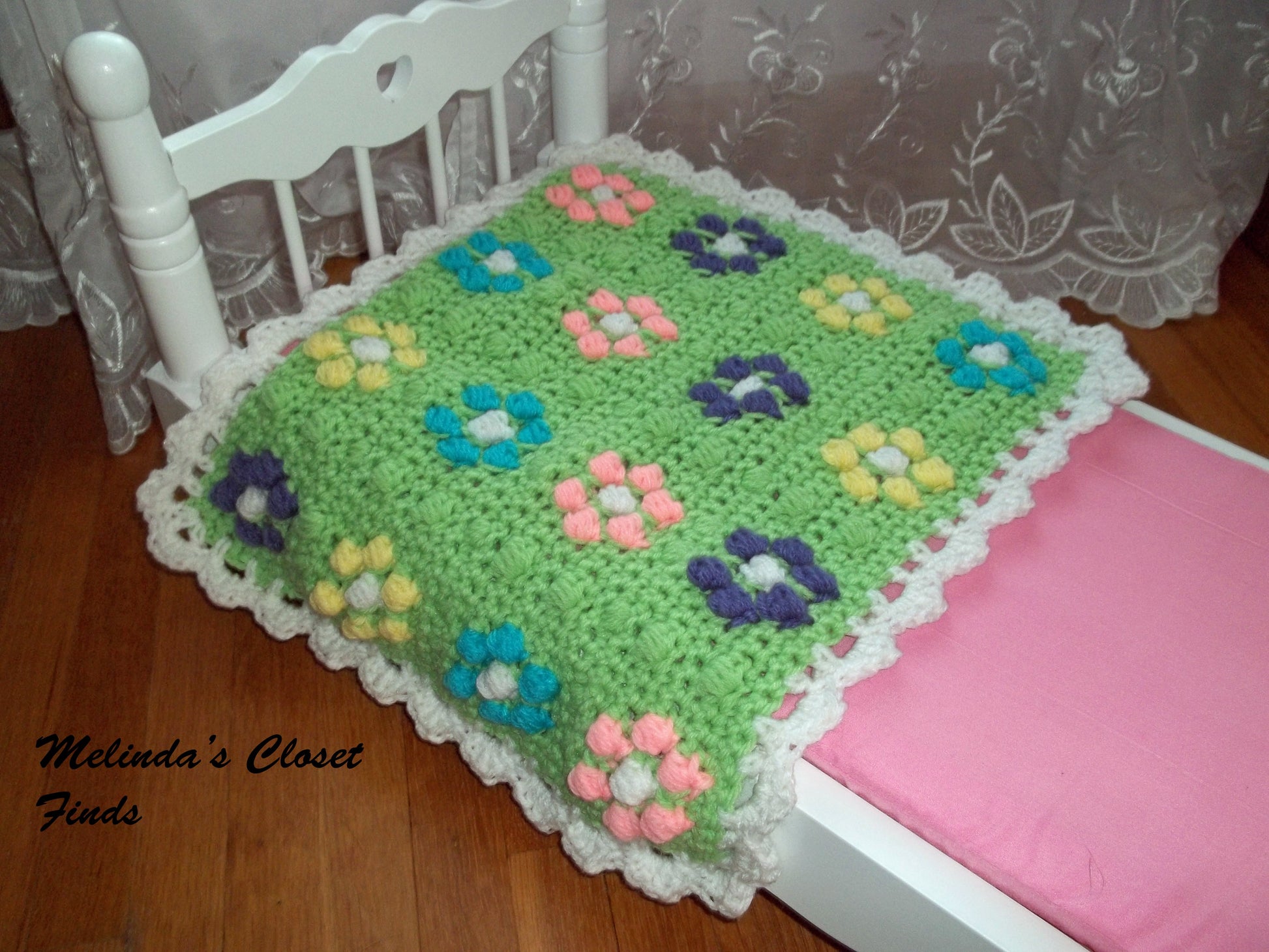 Melinda's Closet Finds Quilt Puffed Flower Afghan 18" Doll Crochet Pattern Pixie Faire