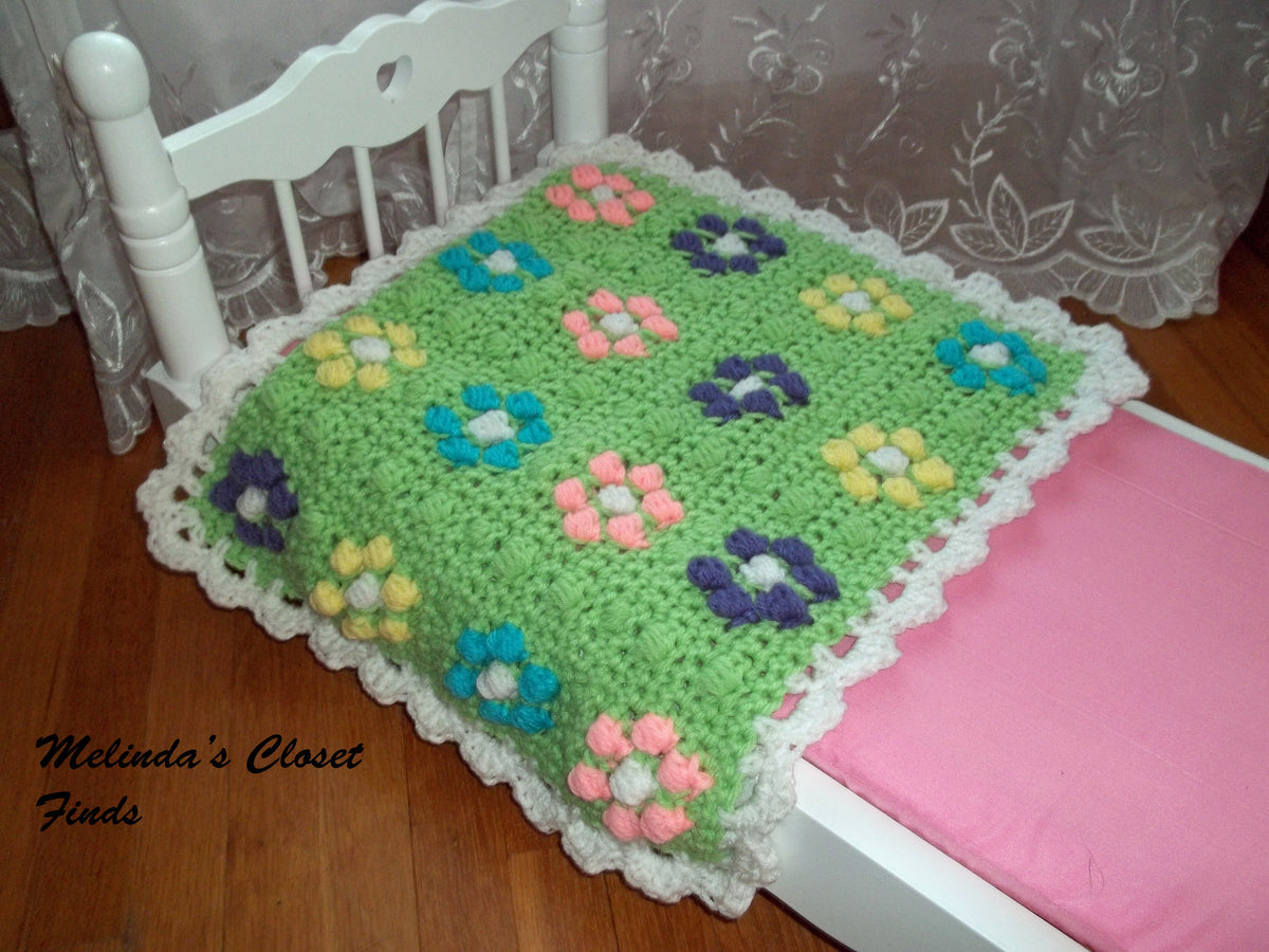 Melinda's Closet Finds Quilt Puffed Flower Afghan 18" Doll Crochet Pattern Pixie Faire