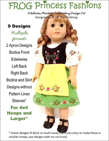 Frog Princess Fashions Machine Embroidery Design Edelweiss 18" Doll Machine Embroidery Design Pixie Faire