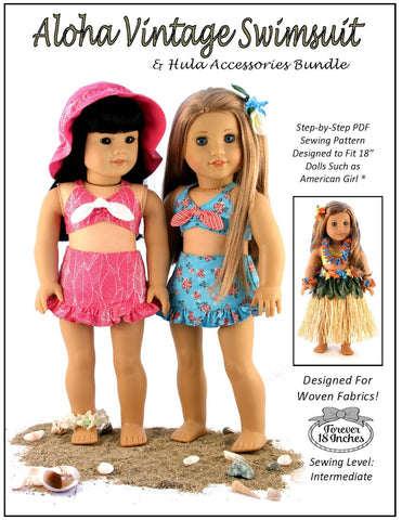 Forever 18 Inches 18 Inch Historical Aloha Vintage Swimsuit and Hula Accessories Bundle 18" Doll Clothes Pattern Pixie Faire