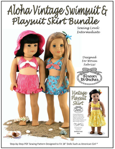 Forever 18 Inches 18 Inch Modern Aloha Vintage Swimsuit & Playsuit Skirt Bundle 18" Doll Clothes Pattern Pixie Faire