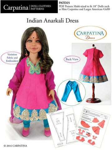 Carpatina Dolls 18 Inch Historical Indian Anarkali Dress Multi-sized Pattern for Regular and Slim 18" Dolls Pixie Faire