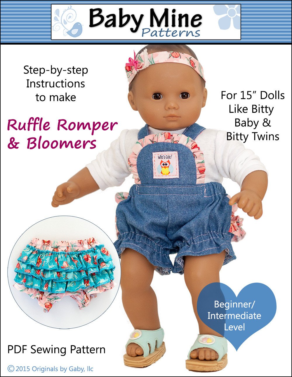 Baby Mine Bitty Baby/Twin Ruffle Romper and Bloomers 15" Baby Doll Clothes Pattern Pixie Faire