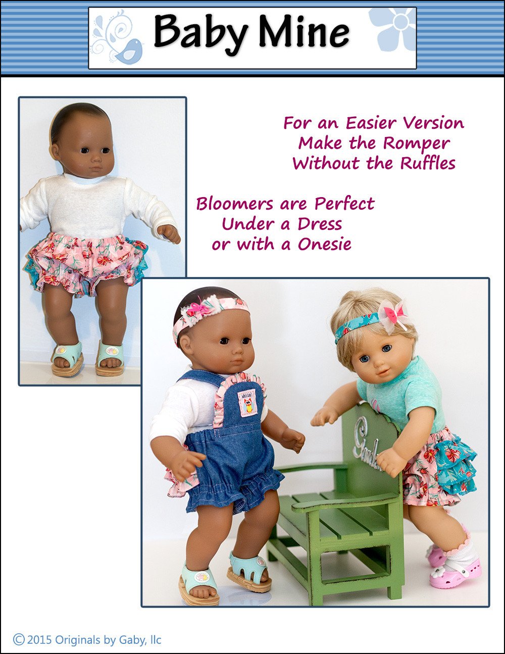 Baby Mine Bitty Baby/Twin Ruffle Romper and Bloomers 15" Baby Doll Clothes Pattern Pixie Faire