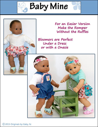 Baby Mine Bitty Baby/Twin Ruffle Romper and Bloomers 15" Baby Doll Clothes Pattern Pixie Faire