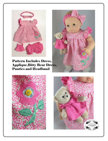 Crabapples Bitty Baby/Twin Bitty Baby Flutter Sleeve Dress 15" Baby Doll Clothes Pattern Pixie Faire