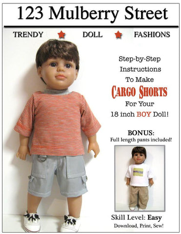 123 Mulberry Street 18 Inch Boy Doll Boy Doll Cargo Shorts 18" Doll Clothes Pattern Pixie Faire
