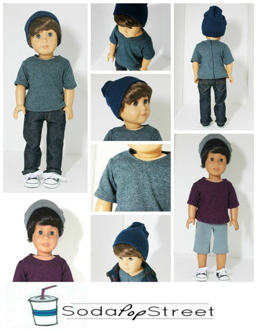 Soda Pop Street 18 Inch Boy Doll Boys Tee and Beanie 18" Doll Clothes Pattern Pixie Faire