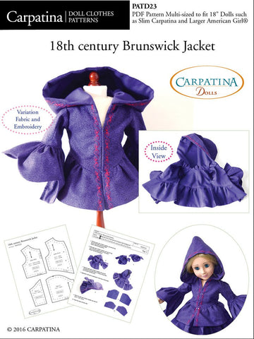 Carpatina Dolls 18 Inch Historical 18th Century Brunswick Jacket Multi-sized Pattern for Regular and Slim 18" Dolls Pixie Faire