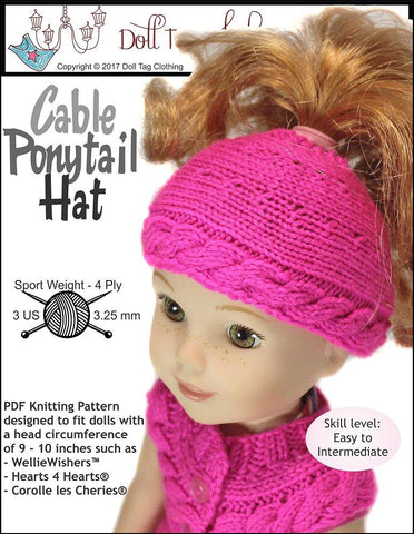 Doll Tag Clothing WellieWishers Cable Ponytail Hat Knitting Pattern for 13 to 14.5 Inch Dolls Pixie Faire