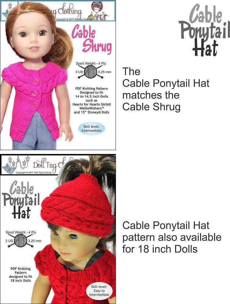 Doll Tag Clothing WellieWishers Cable Ponytail Hat Knitting Pattern for 13 to 14.5 Inch Dolls Pixie Faire