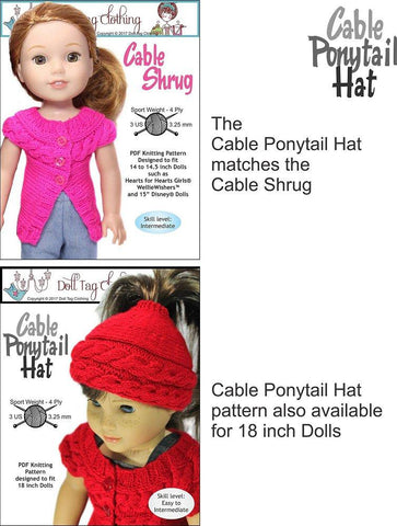 Doll Tag Clothing WellieWishers Cable Ponytail Hat Knitting Pattern for 13 to 14.5 Inch Dolls Pixie Faire