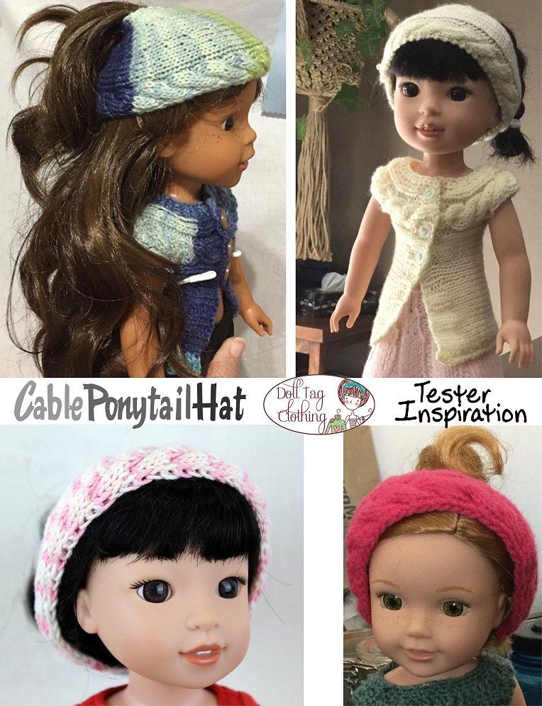 Doll Tag Clothing WellieWishers Cable Ponytail Hat Knitting Pattern for 13 to 14.5 Inch Dolls Pixie Faire