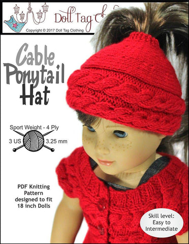 Doll Tag Clothing Knitting Cable Ponytail Hat 18" Doll Knitting Pattern Pixie Faire