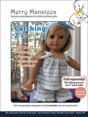 Merry Manatees 18 Inch Modern Catching Z's 18" Doll Clothes Pattern Pixie Faire