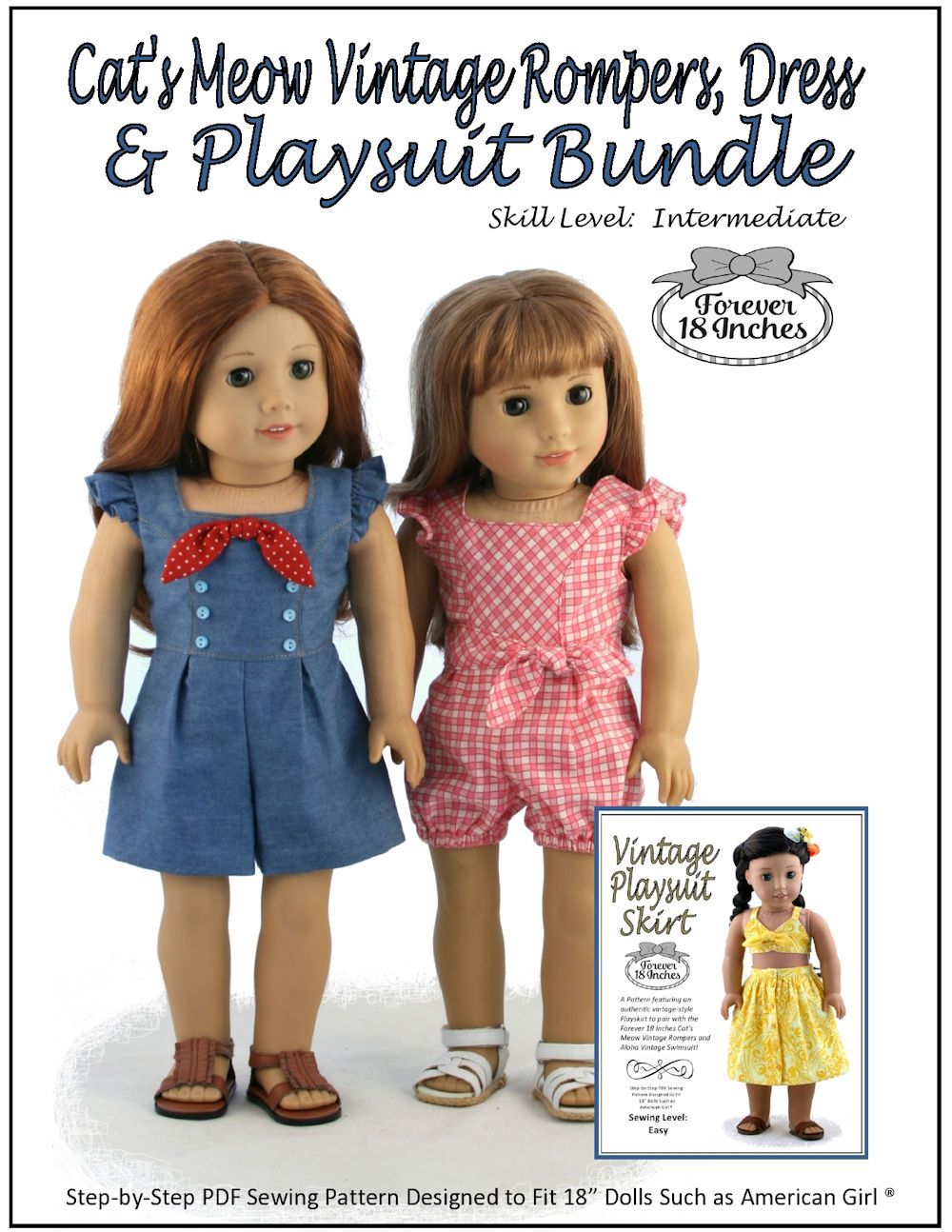Forever 18 Inches 18 Inch Modern Cat's Meow Vintage Rompers, Dress & Playsuit Skirt Bundle 18" Doll Clothes Pixie Faire