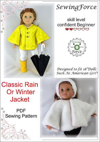 Sewing Force 18 Inch Modern Classic Rain or Winter Jacket 18" Doll Clothes Pattern Pixie Faire