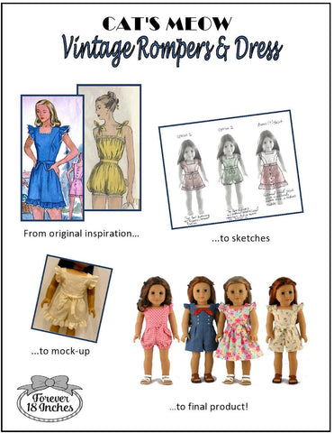 Forever 18 Inches 18 Inch Modern Cat's Meow Vintage Rompers & Dress 18" Doll Clothes Pixie Faire
