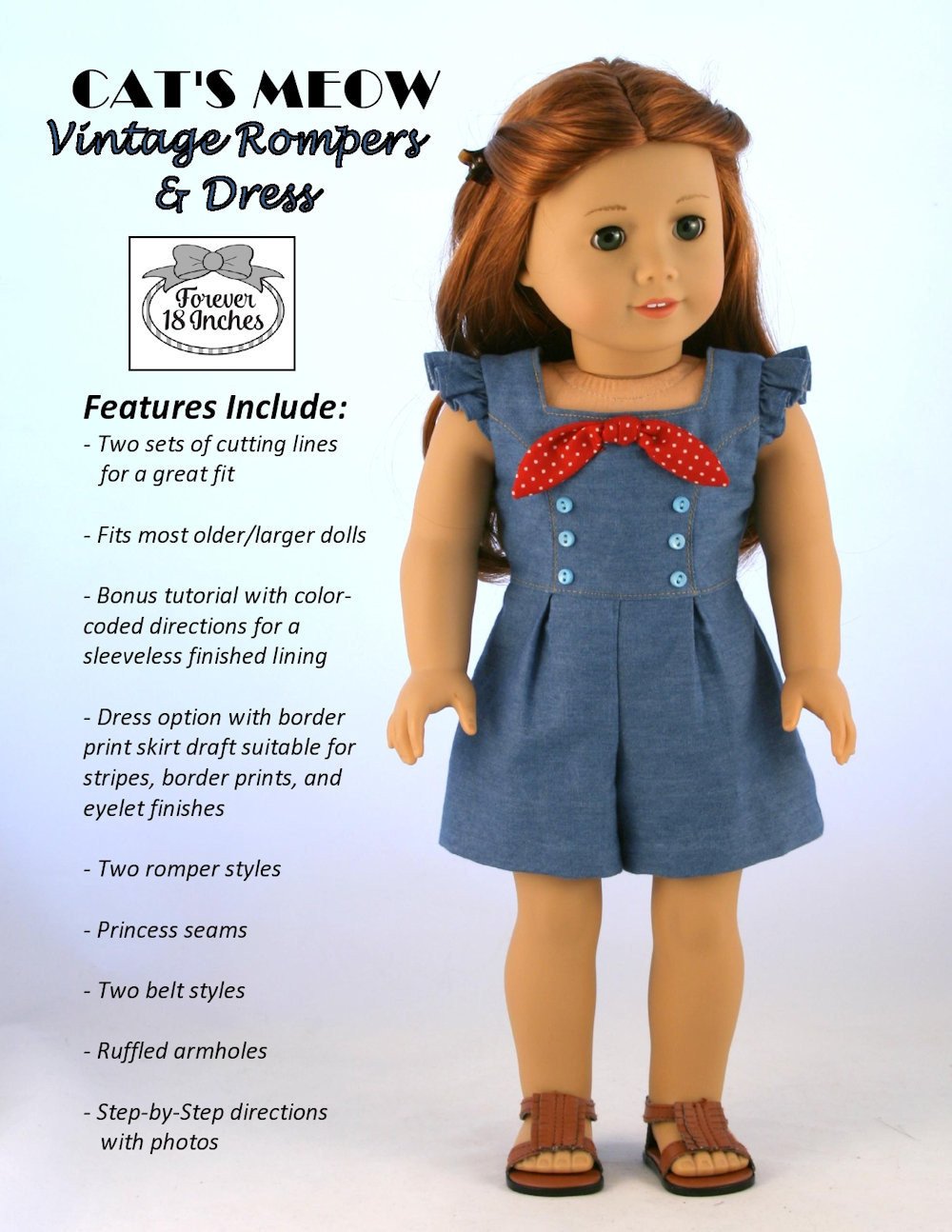 Forever 18 Inches 18 Inch Modern Cat's Meow Vintage Rompers & Dress 18" Doll Clothes Pixie Faire