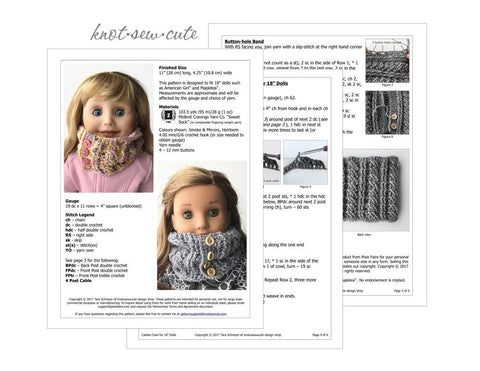 Knot-Sew-Cute Crochet Cabled Cowl 18" Doll Crochet Pattern Pixie Faire