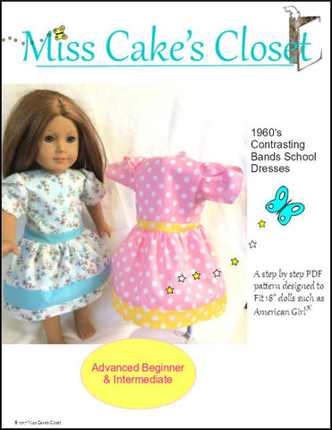 Miss Cake's Closet 18 Inch Historical 1960's Contrasting Bands School Dress 18" Doll Clothes Pattern Pixie Faire