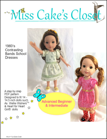 Miss Cake's Closet WellieWishers 1960's Contrasting Bands School Dress 14-14.5" Doll Clothes Pattern Pixie Faire