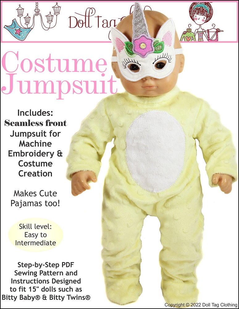 Doll Tag Clothing Bitty Baby/Twin Costume Jumpsuit Pattern for 15" Baby Dolls such as Bitty Baby Pixie Faire