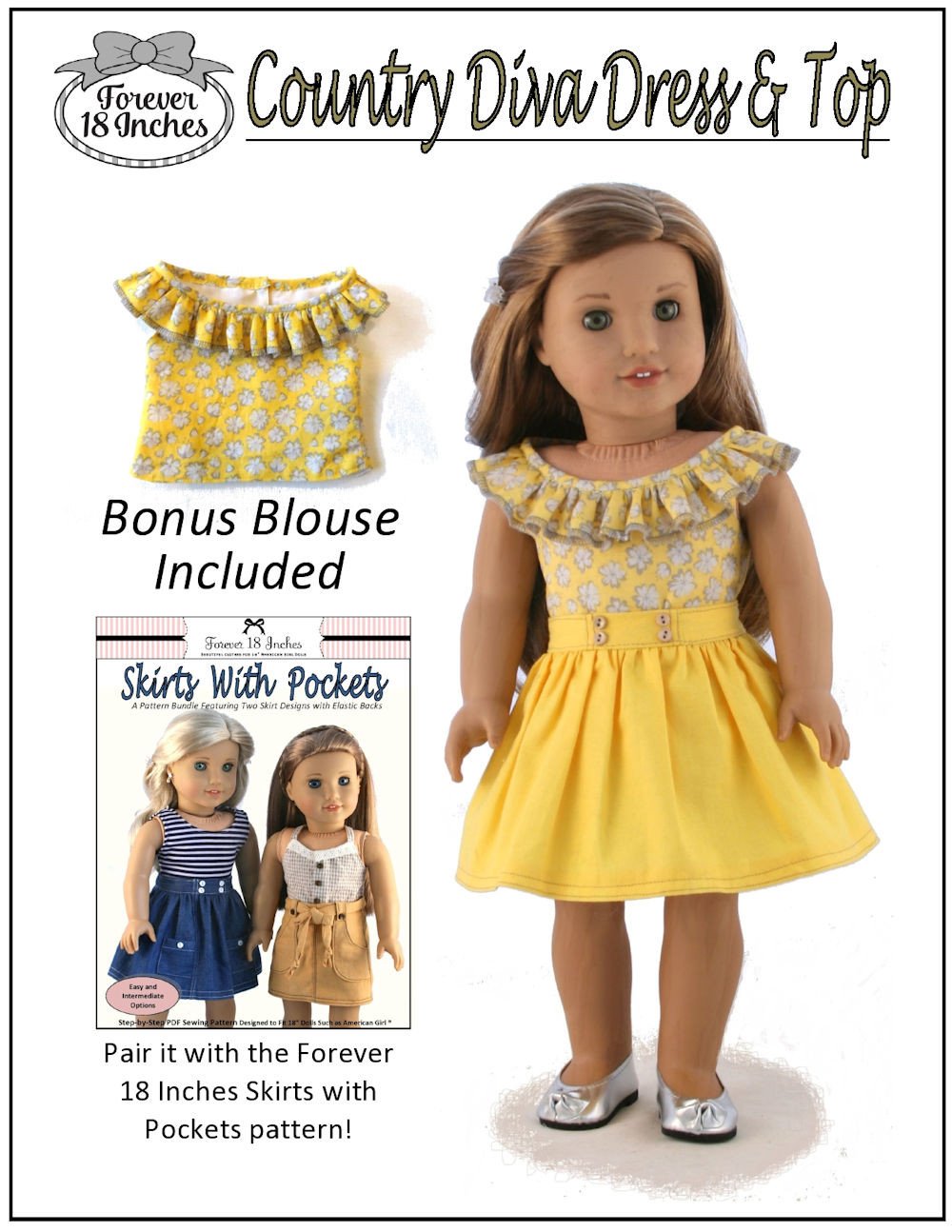 Forever 18 Inches 18 Inch Modern Country Diva Dress & Top 18" Doll Clothes Pattern Pixie Faire