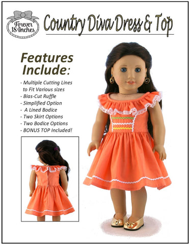 Forever 18 Inches 18 Inch Modern Country Diva Dress & Top 18" Doll Clothes Pattern Pixie Faire