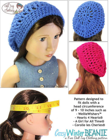 Doll Tag Clothing WellieWishers FREE Cozy Winter Beanie Crochet Pattern for 13 to 16 inch Dolls Pixie Faire