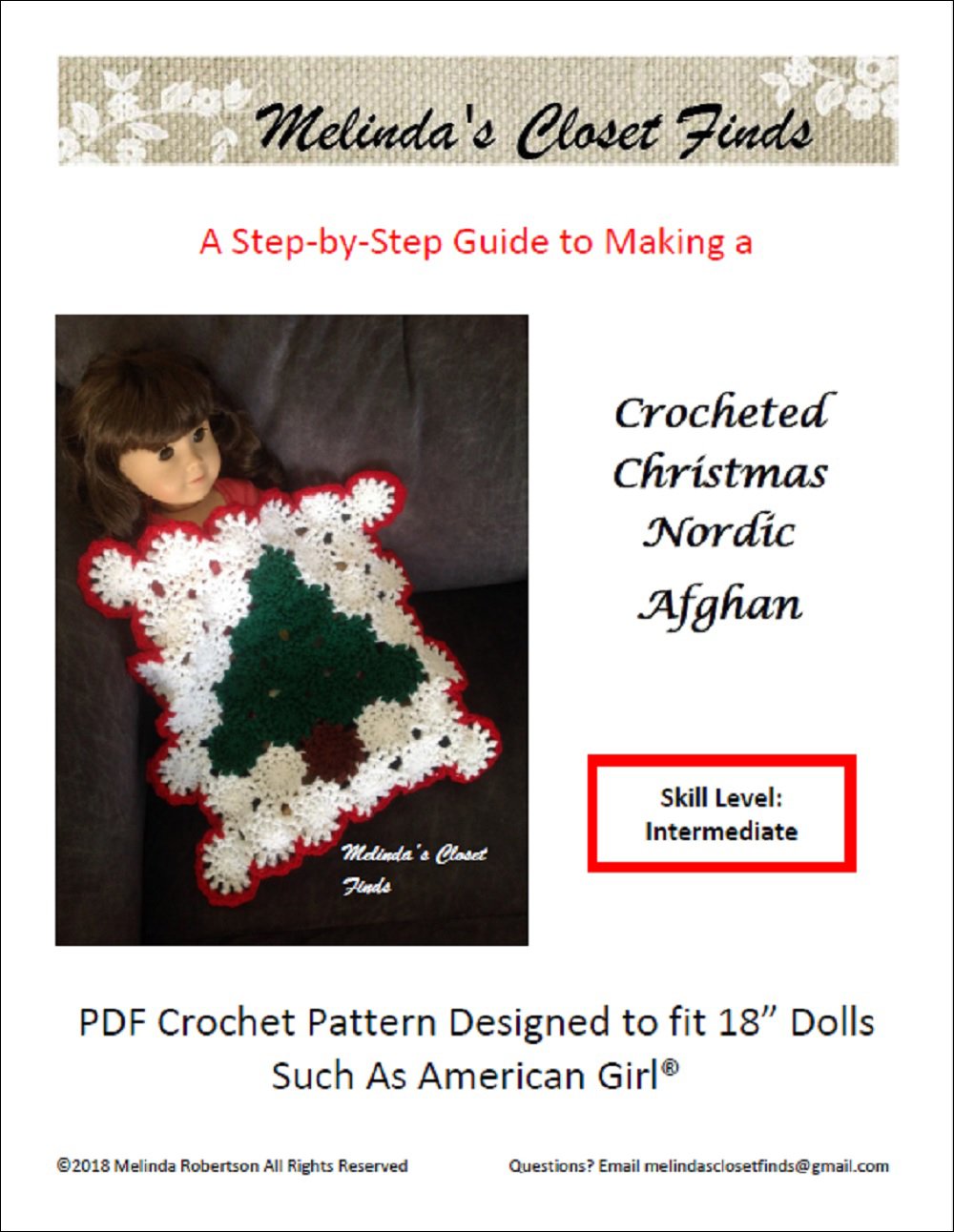 Melinda's Closet Finds Quilt Crocheted Christmas Nordic Afghan 18" Doll Crochet Pattern Pixie Faire