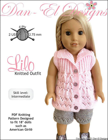 Dan-El Designs Knitting Lilo Knitted Outfit 18" Doll Knitting Pattern Pixie Faire
